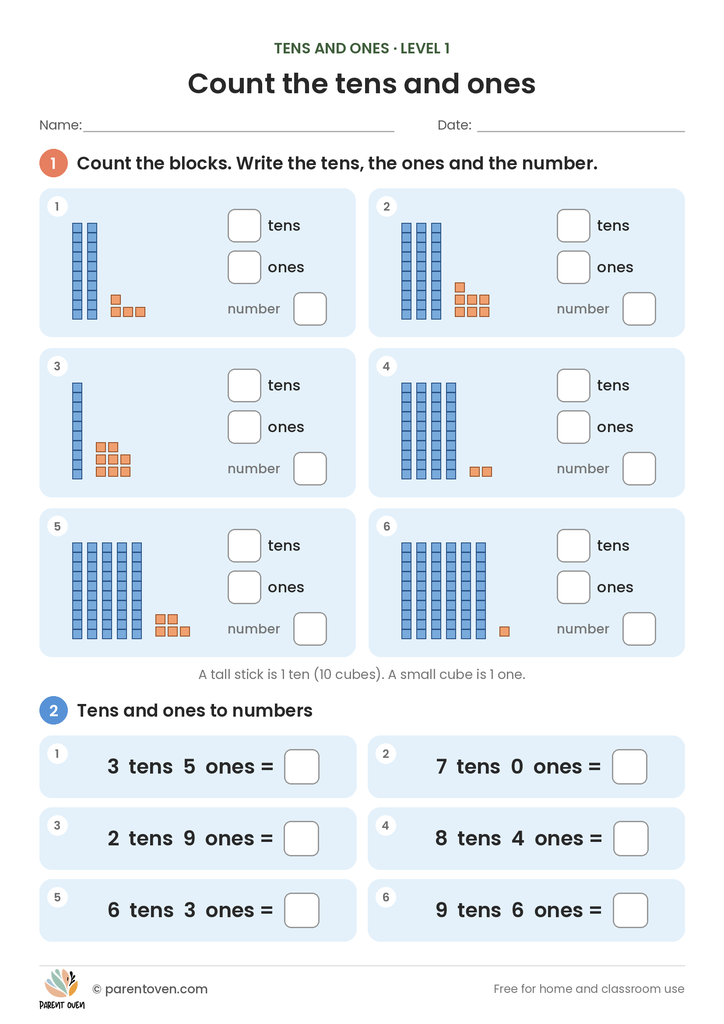 Place Value: Tens and Ones worksheet level 1: six base-ten block pictures to count as tens and ones, plus six “tens and ones to a number” questions such as 3 tens 5 ones