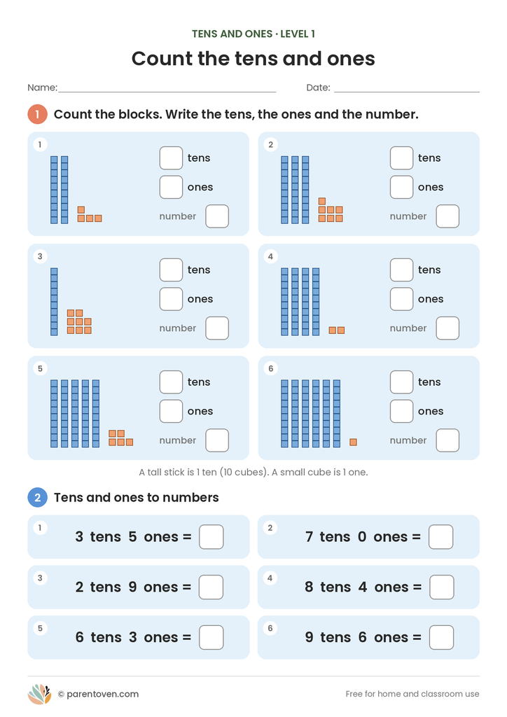 Place Value: Tens and Ones worksheet level 1: six base-ten block pictures to count as tens and ones, plus six “tens and ones to a number” questions such as 3 tens 5 ones