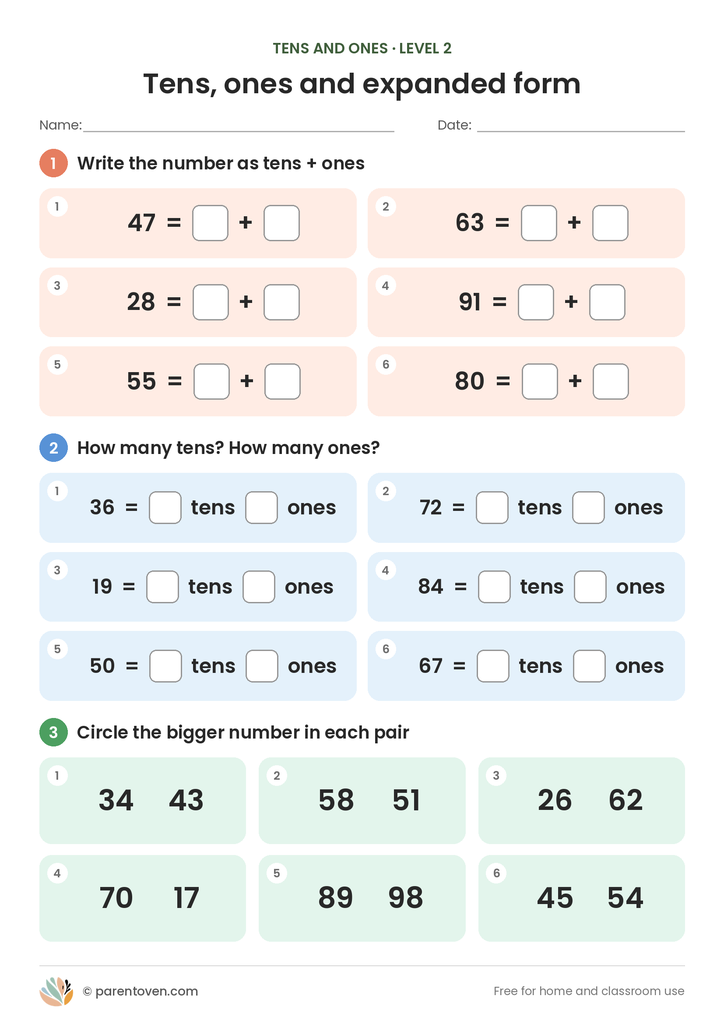 Place Value: Tens and Ones worksheet level 2: six expanded form questions like 47 = 40 + 7, six numbers to split into tens and ones, and six pairs where children circle the bigger number