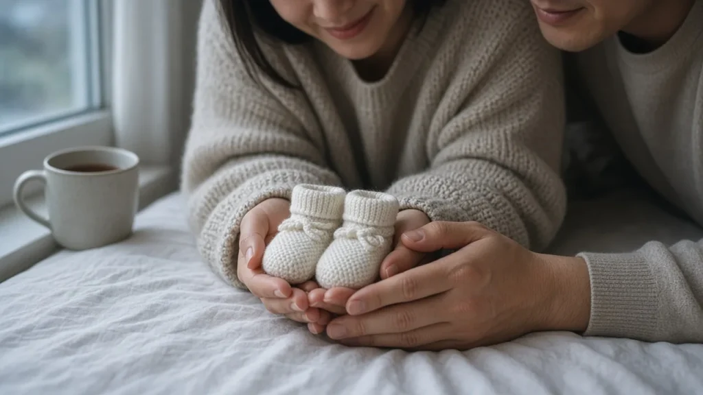 Expecting couple holding a pair of tiny white knitted baby booties together on a bed by the window