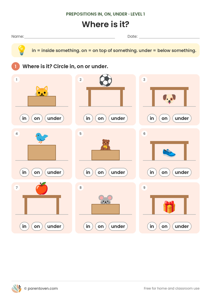 Prepositions In, On, Under worksheet level 1: a rule box and nine picture scenes (a cat in a box, a ball on a table, a dog under a table and more) where children circle in, on or under