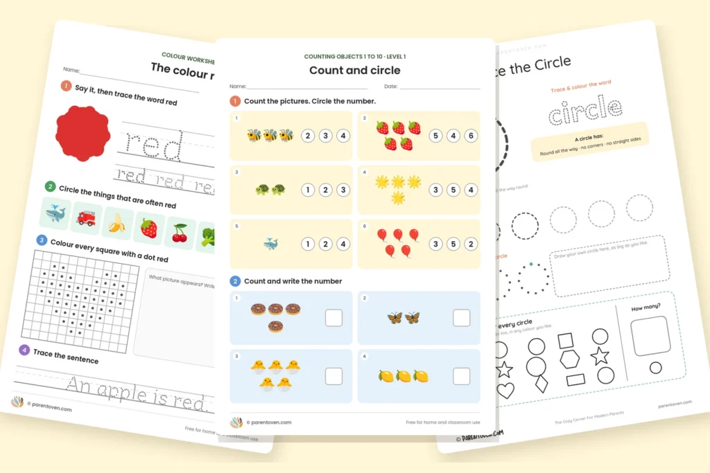 Free preschool worksheets: colour red, counting objects and the circle shape