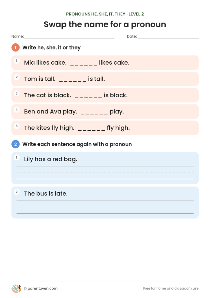 Pronouns He, She, It, They worksheet level 2: write the right pronoun in five sentences, then rewrite two sentences using a pronoun
