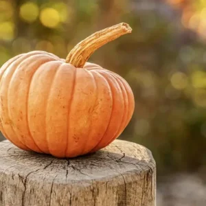 An orange pumpkin on a tree stump