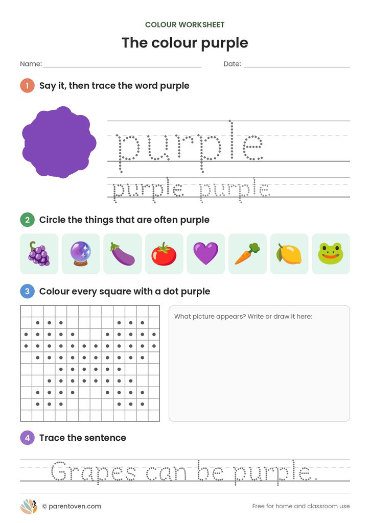 Colour purple worksheet: trace the word purple, circle the purple things, colour the dotted squares to find a hidden butterfly and trace “Grapes can be purple.”