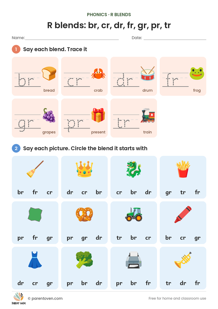 R blends worksheet: trace br, cr, dr, fr, gr, pr and tr, then circle the blend each picture starts with