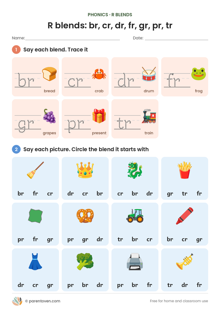 R blends worksheet page 1: trace br, cr, dr, fr, gr, pr and tr, then circle the blend each picture starts with
