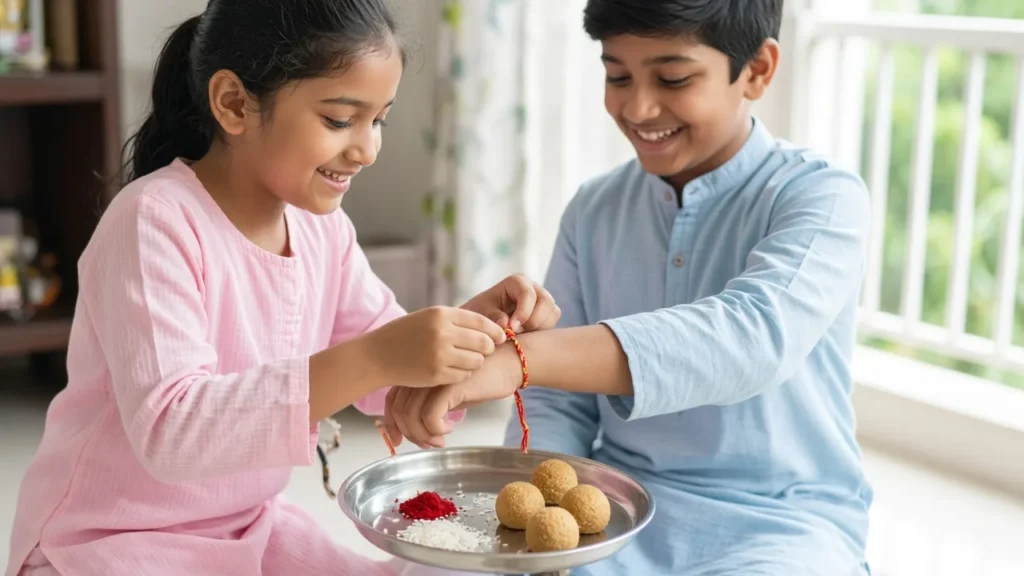 Indian sister tying a red rakhi on her smiling brother's wrist on Raksha Bandhan with a thali of roli, rice and laddoos