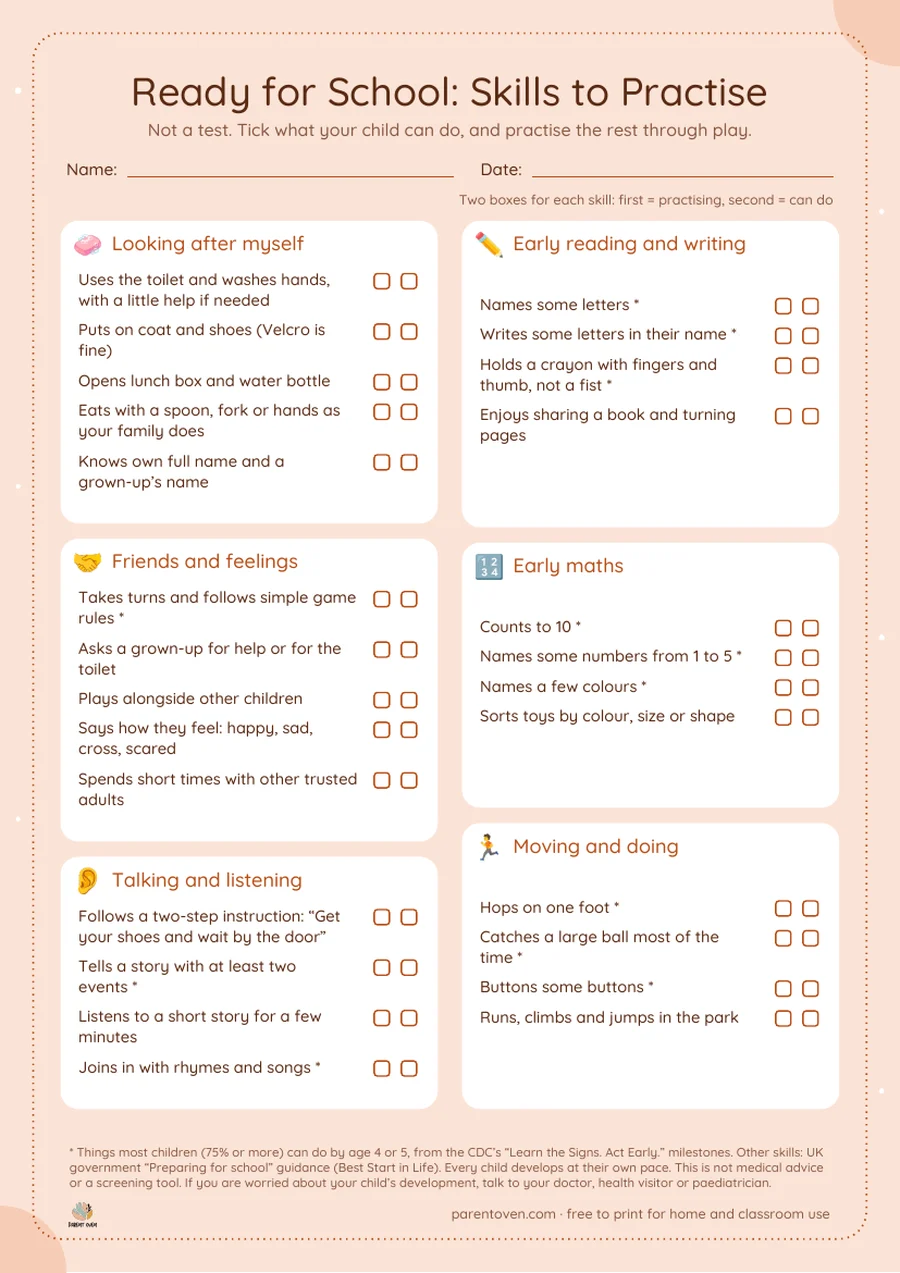 Printable ready for school checklist with tick boxes