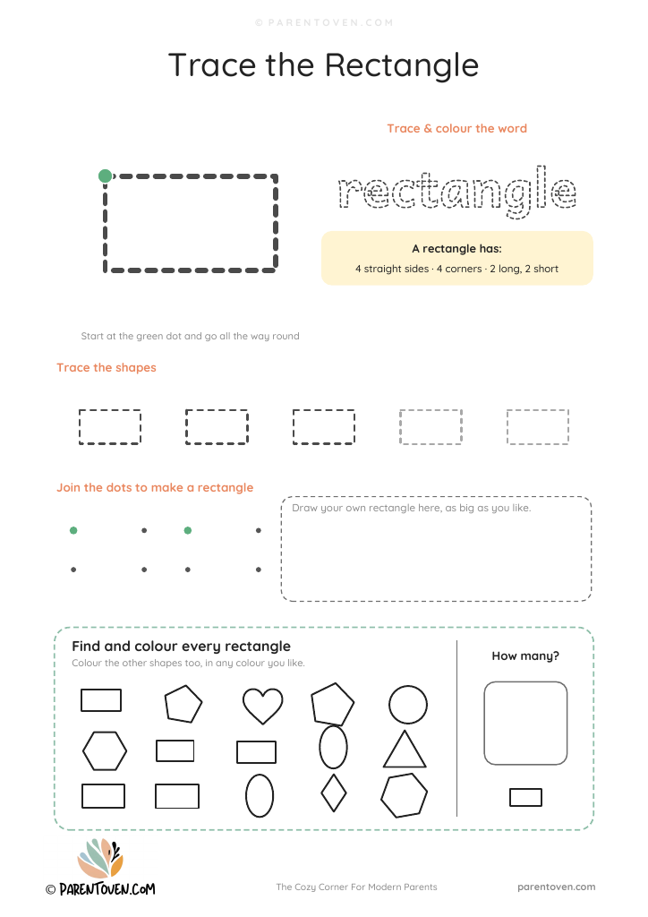 Rectangle shape worksheet: trace a big rectangle and the word rectangle, trace a row of shapes, join the dots, draw your own and find every rectangle