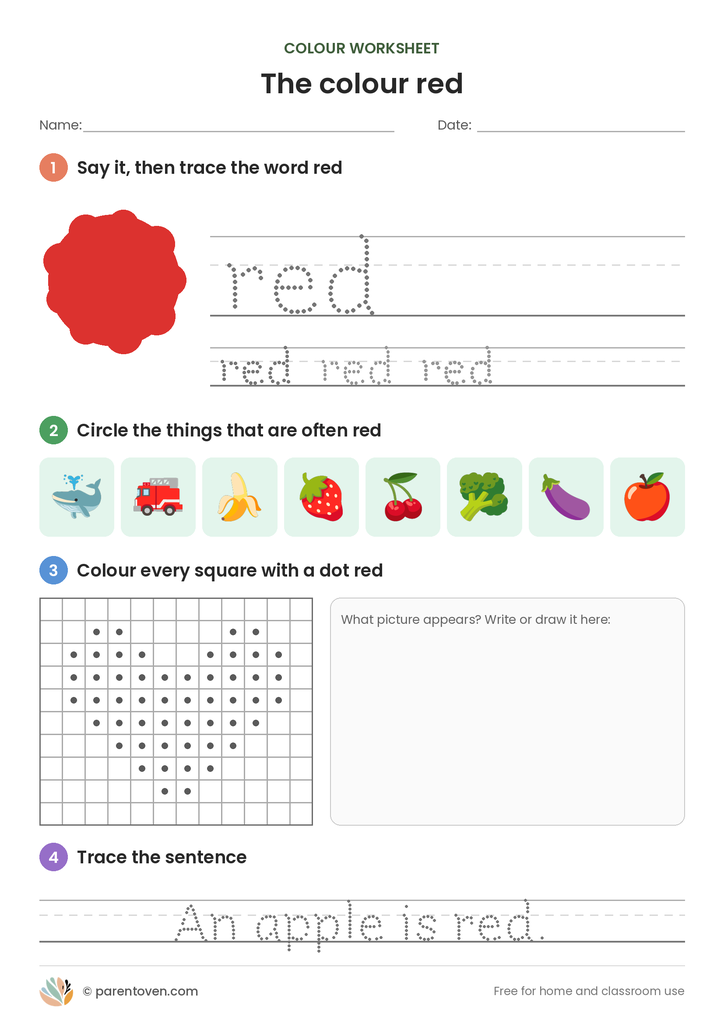 Colour red worksheet: trace the word red, circle the red things, colour the dotted squares to find a hidden heart and trace “An apple is red.”