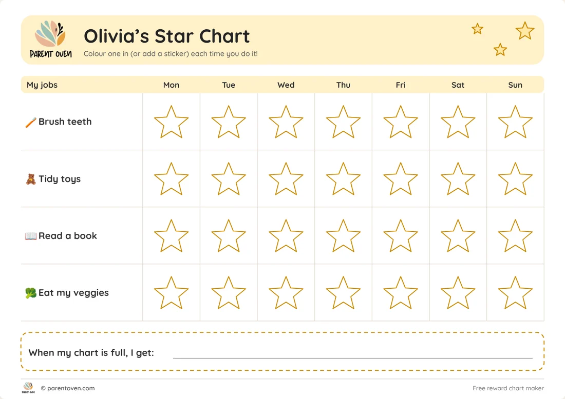 Weekly star reward chart for Olivia with tasks like brush teeth and tidy toys