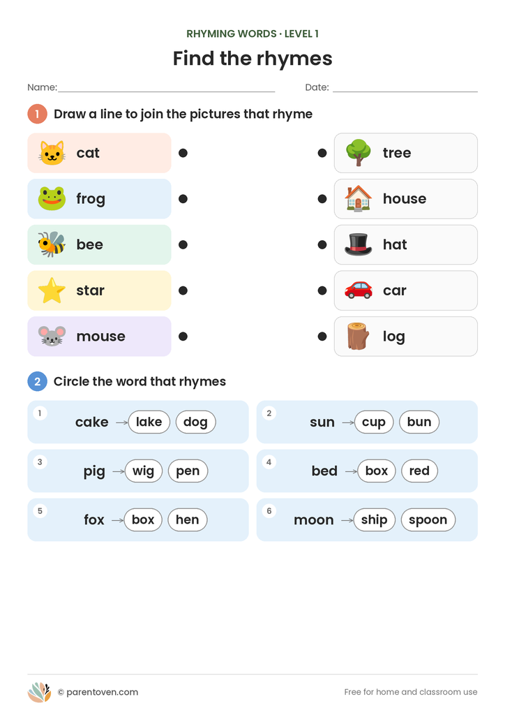 Rhyming Words worksheet level 1: join five pairs of rhyming pictures (cat and hat, frog and log, bee and tree, star and car, mouse and house), then circle the rhyming word in six pairs