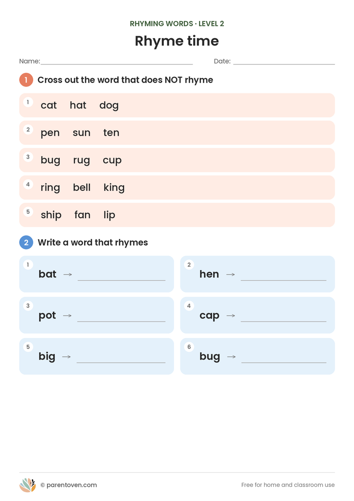 Rhyming Words worksheet level 2: cross out the word that does not rhyme in five groups, then write a rhyming word for six words such as bat, hen and pot