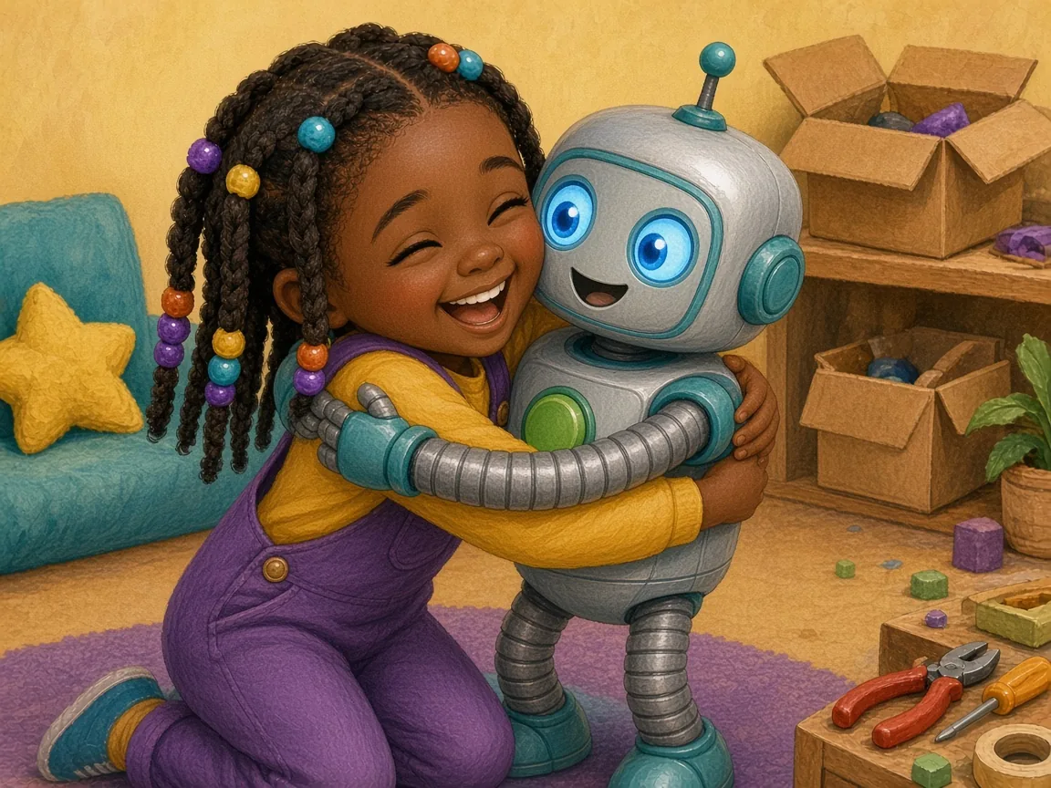 Robo Wants a Hug: robo hugging Maya much too tightly, Maya squeaking and laughing, comic and gentle