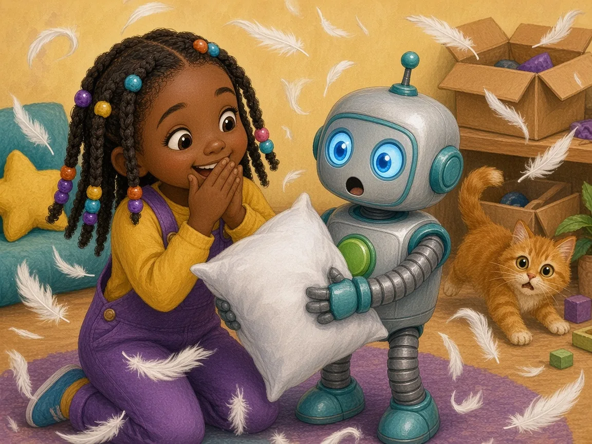 Robo Wants a Hug: robo holding a burst pillow with feathers flying everywhere, a cat running away, Maya giggling