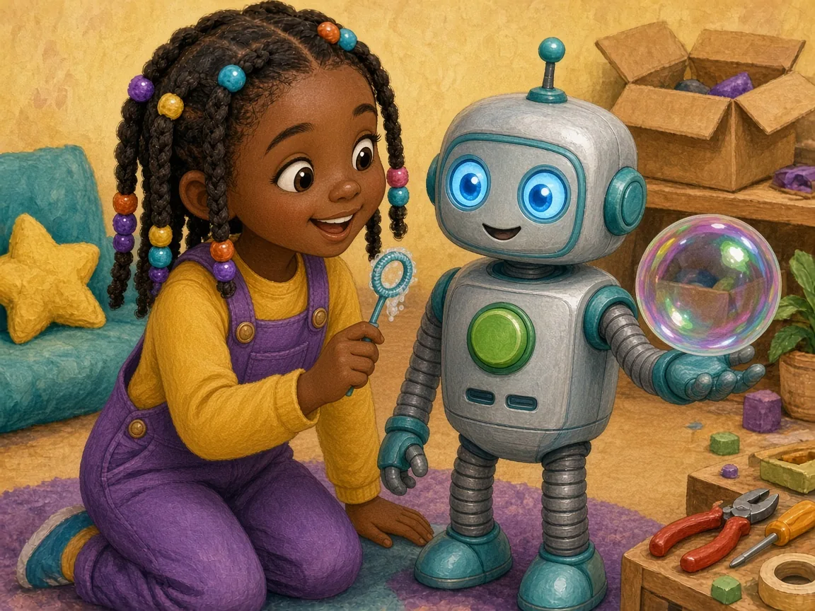 Robo Wants a Hug: robo very gently holding a shiny soap bubble on his metal hand while Maya watches, amazed