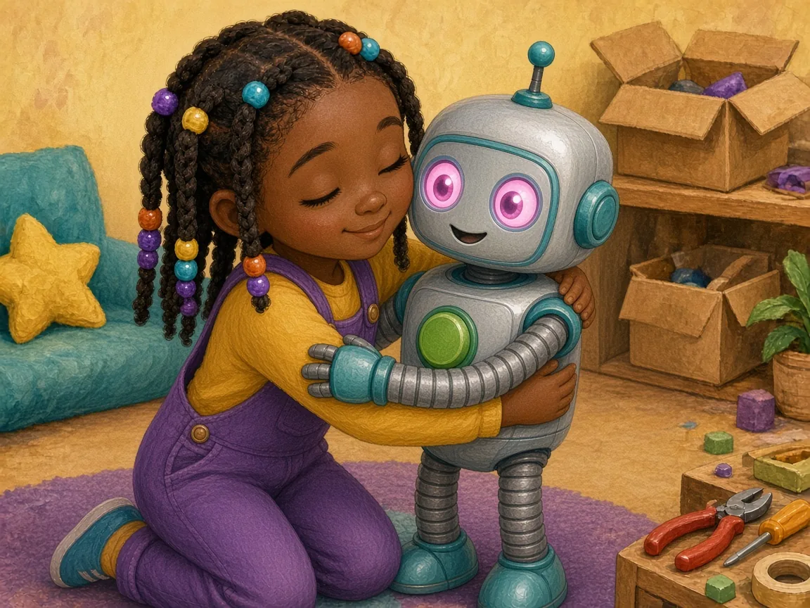 Robo Wants a Hug: robo giving Maya a soft, gentle hug, his eyes glowing pink, both happy