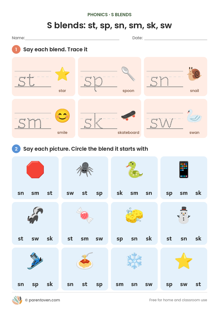 S blends worksheet page 1: trace st, sp, sn, sm, sk and sw, then circle the blend each picture starts with