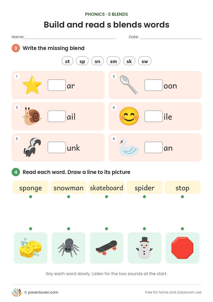S blends worksheet page 2: write the missing blend and match words to pictures
