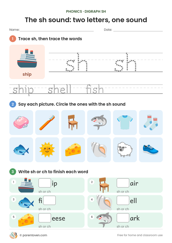sh digraph worksheet page 1: trace sh and sh words, circle pictures with the sh sound, and finish words with sh or ch
