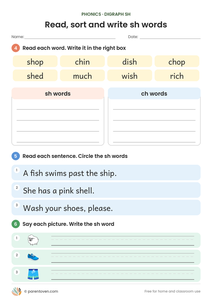 sh digraph worksheet page 2: sort words, read sentences and circle the sh words, and write sh words