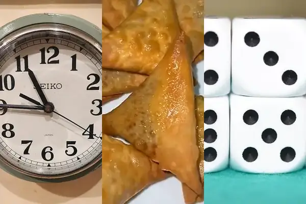 Shapes Quiz: Is a samosa a triangle? Is a coin a circle? Tap Play for a picture quiz that asks