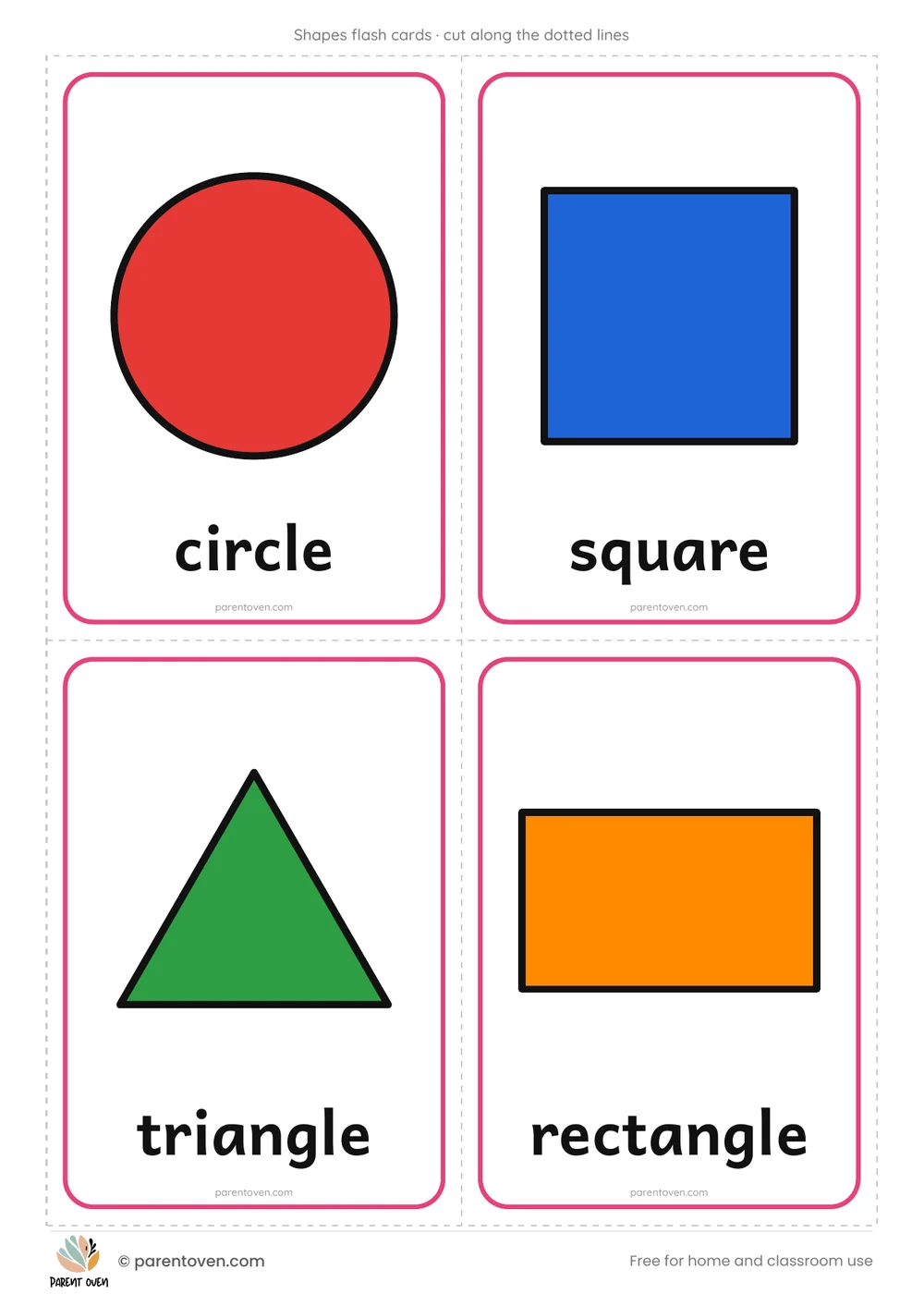 Shapes flash cards: 4 cut-out cards per page