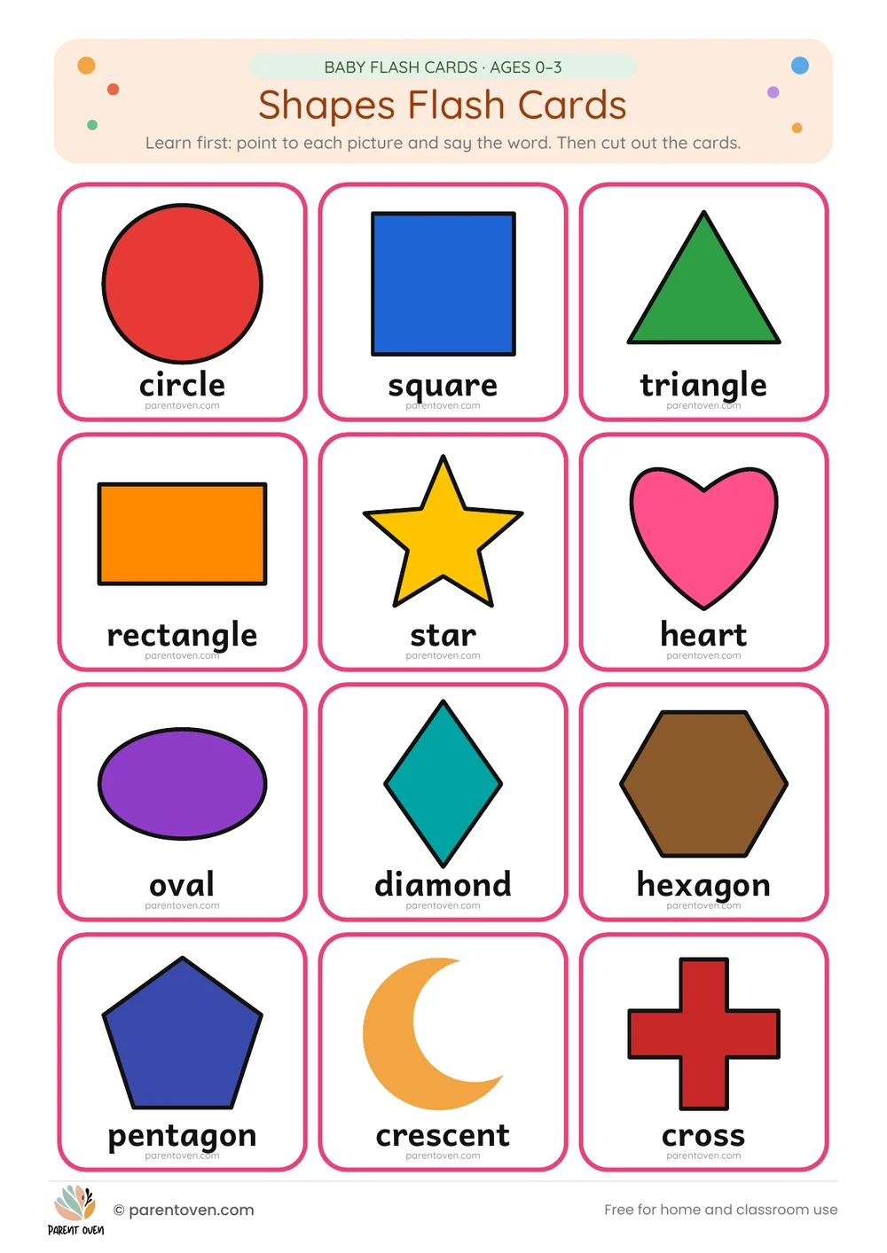 Shapes flash cards: learn-first chart of all 12 cards