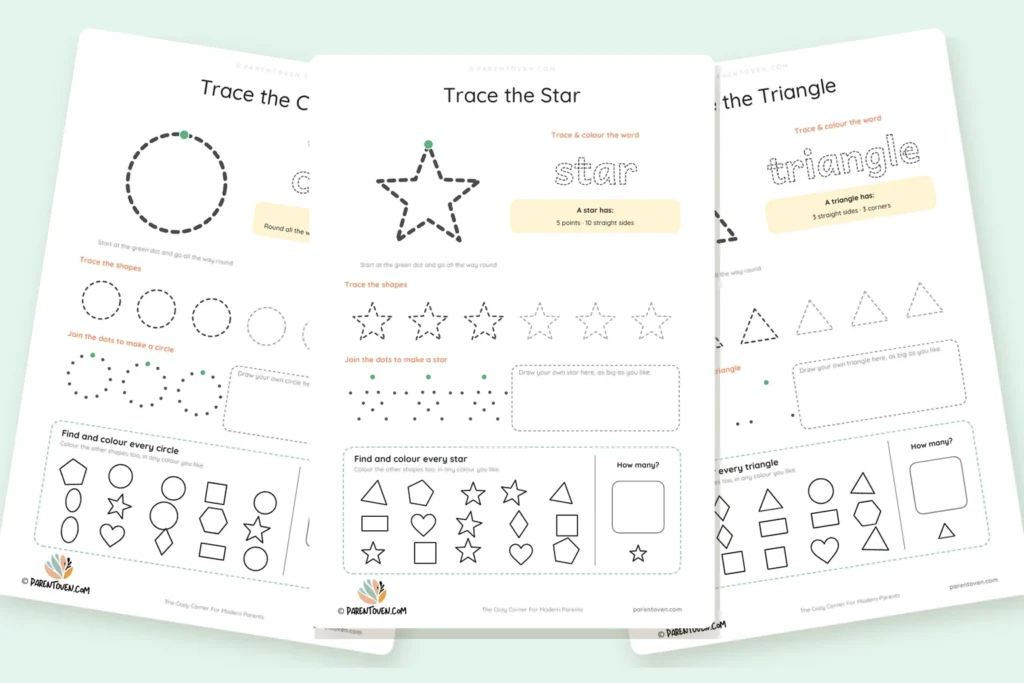 Free shapes worksheets for the circle, star and triangle with tracing, join-the-dots and find-the-shape activities