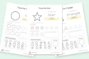 Free shapes worksheets for the circle, star and triangle with tracing, join-the-dots and find-the-shape activities