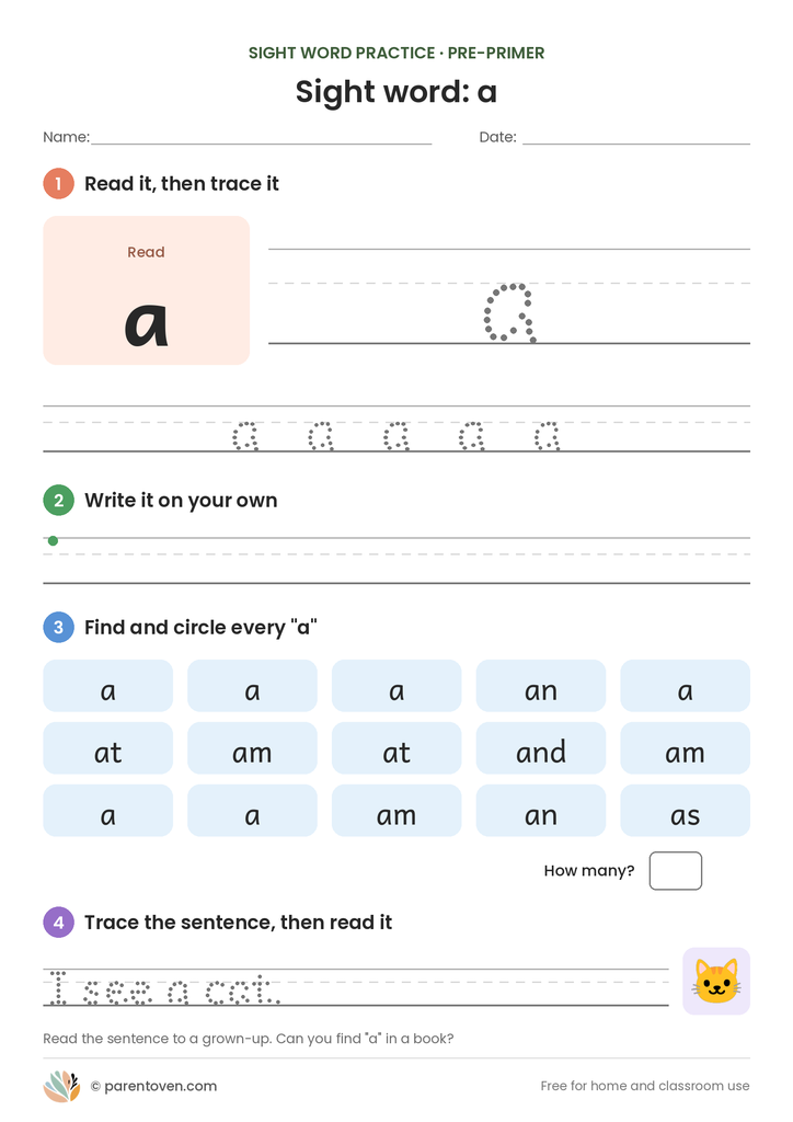 Sight word "a" worksheet: read and trace a, write it, find and circle it, and trace the sentence "I see a cat."