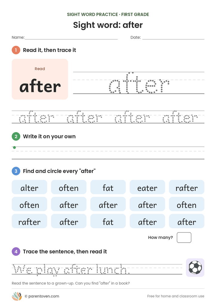 Sight word "after" worksheet: read and trace after, write it, find and circle it, and trace the sentence "We play after lunch."
