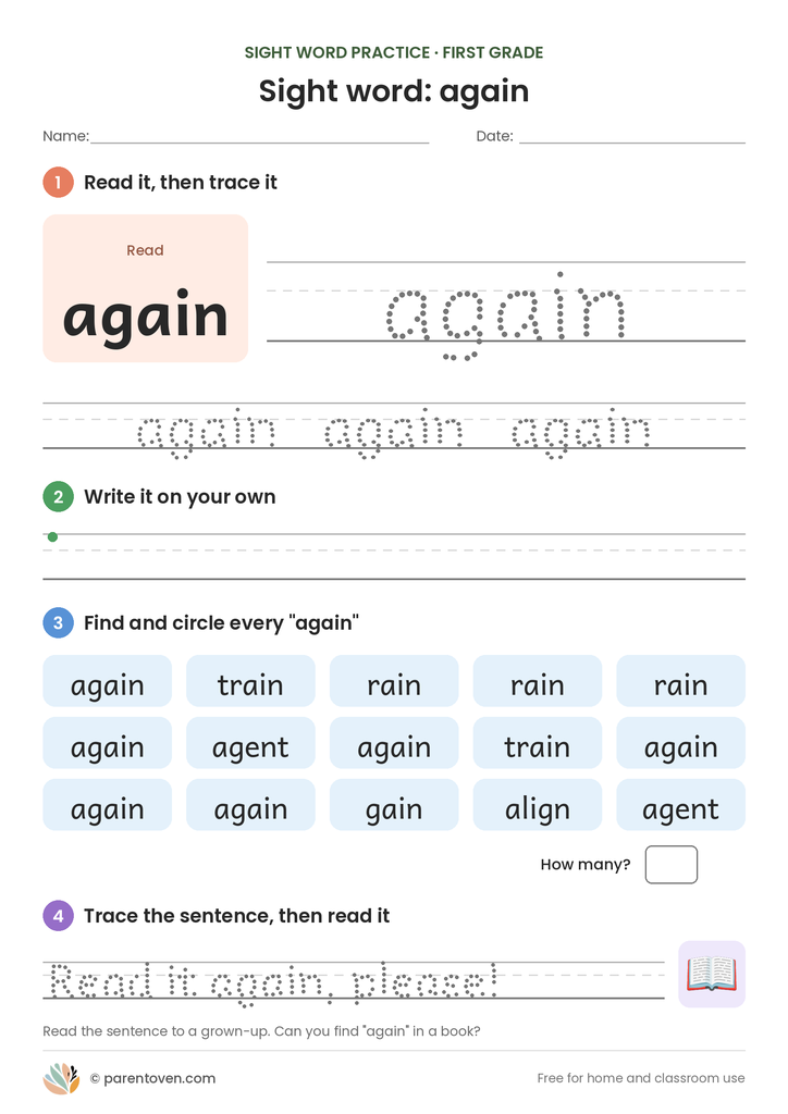 Sight word "again" worksheet: read and trace again, write it, find and circle it, and trace the sentence "Read it again, please!"
