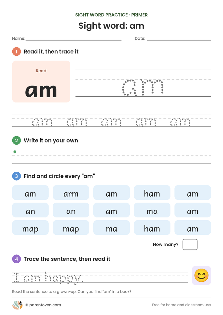 Sight word "am" worksheet: read and trace am, write it, find and circle it, and trace the sentence "I am happy."