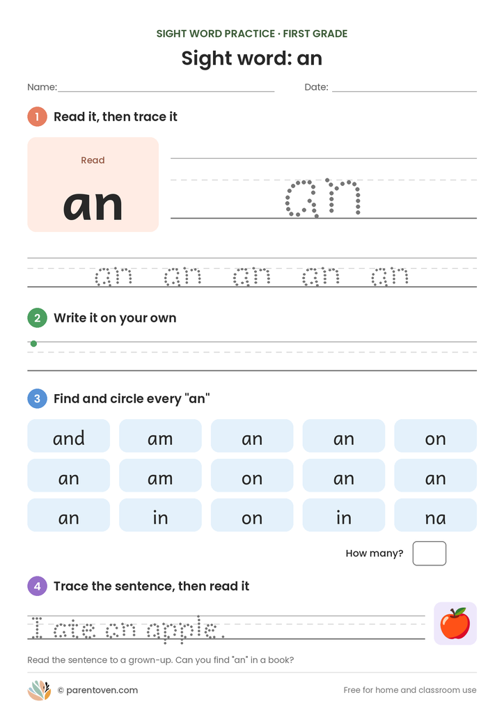 Sight word "an" worksheet: read and trace an, write it, find and circle it, and trace the sentence "I ate an apple."