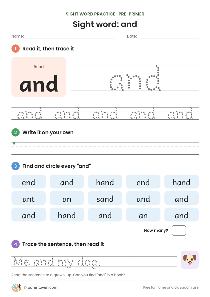 Sight word "and" worksheet: read and trace and, write it, find and circle it, and trace the sentence "Me and my dog."