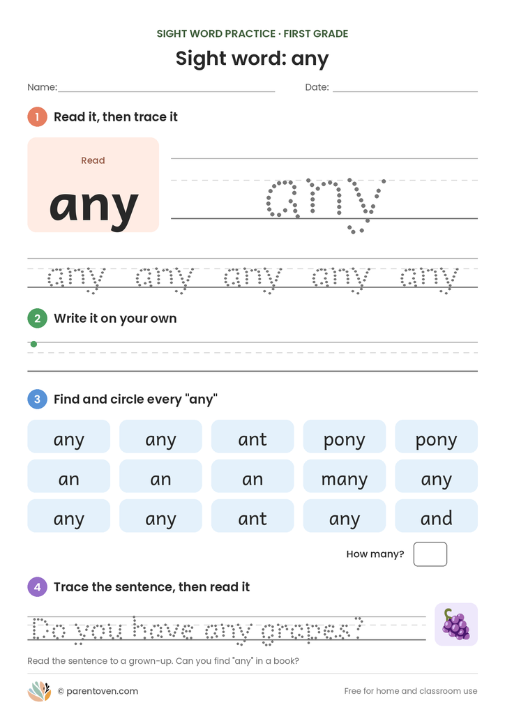 Sight word "any" worksheet: read and trace any, write it, find and circle it, and trace the sentence "Do you have any grapes?"