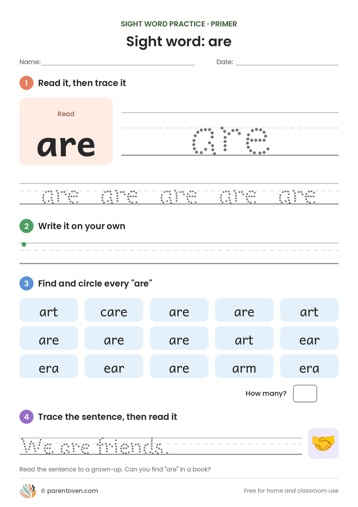 Sight word "are" worksheet: read and trace are, write it, find and circle it, and trace the sentence "We are friends."