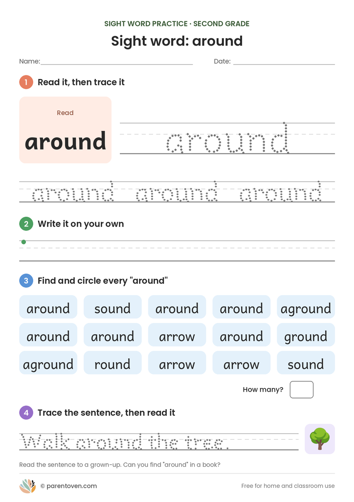 Sight word "around" worksheet: read and trace around, write it, find and circle it, and trace the sentence "Walk around the tree."