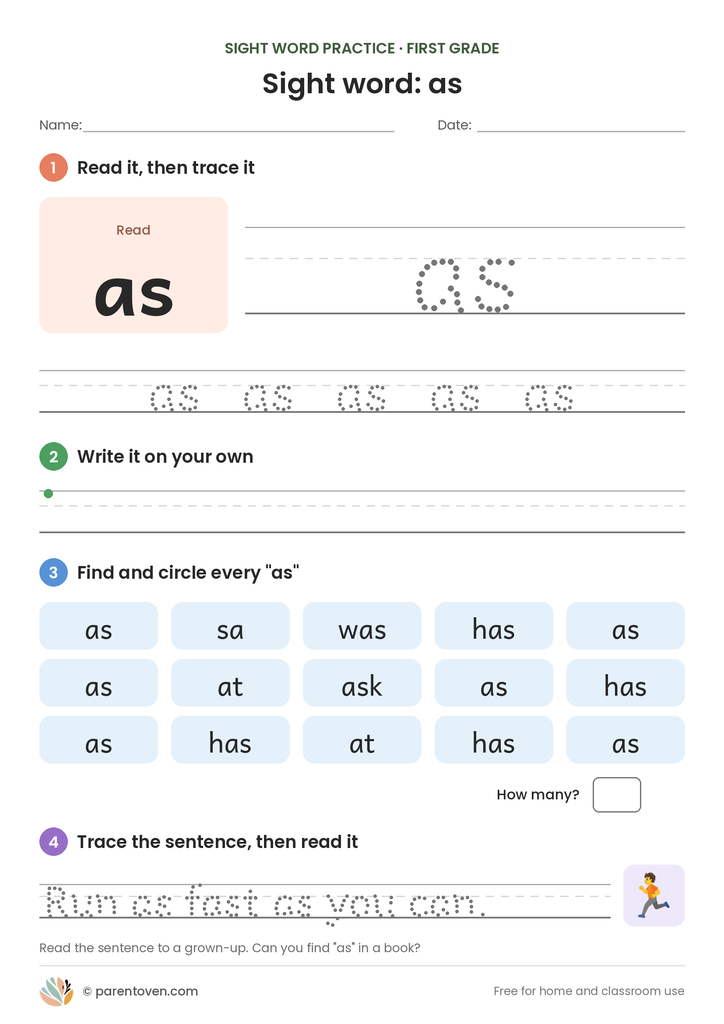 Sight word "as" worksheet: read and trace as, write it, find and circle it, and trace the sentence "Run as fast as you can."