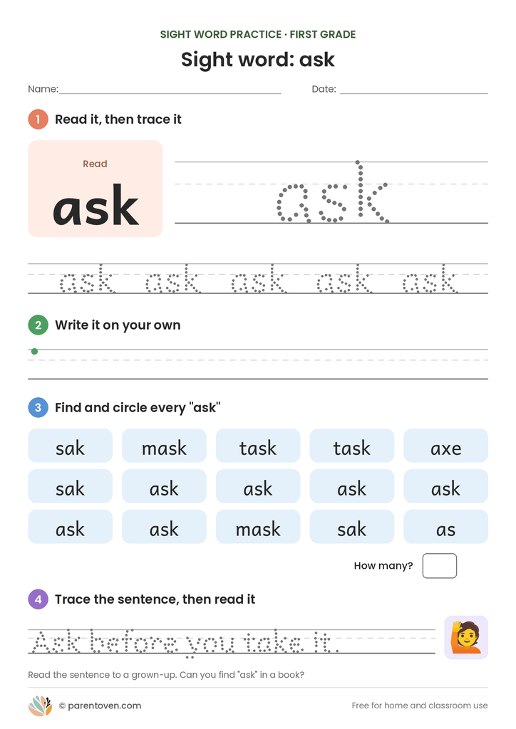 Sight word "ask" worksheet: read and trace ask, write it, find and circle it, and trace the sentence "Ask before you take it."