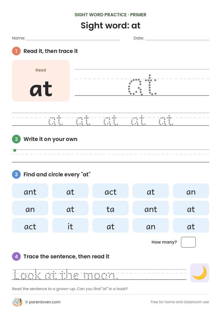 Sight word "at" worksheet: read and trace at, write it, find and circle it, and trace the sentence "Look at the moon."