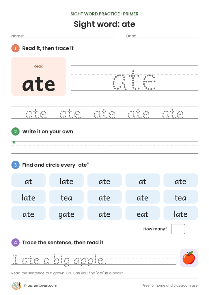 Sight word "ate" worksheet: read and trace ate, write it, find and circle it, and trace the sentence "I ate a big apple."
