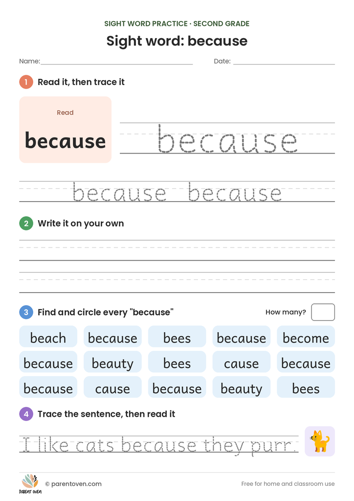 Sight word because worksheet: read, trace, write and find because, then trace a sentence