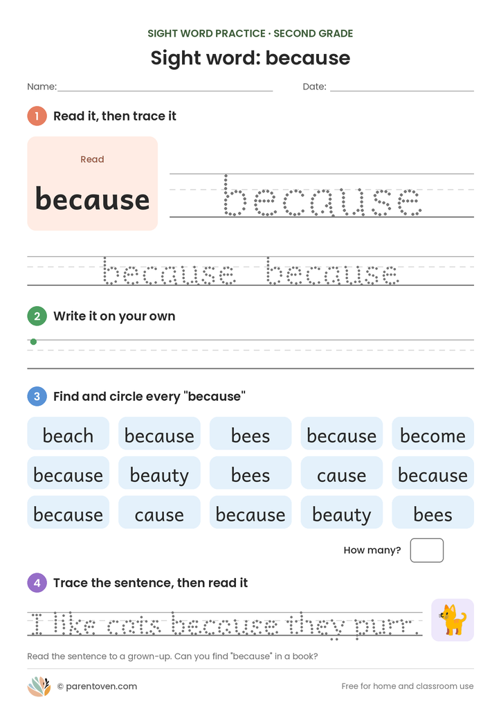Sight word "because" worksheet: read and trace because, write it, find and circle it, and trace the sentence "I like cats because they purr."