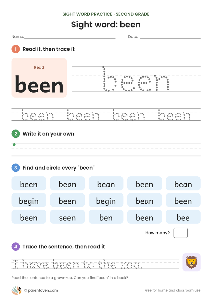 Sight word "been" worksheet: read and trace been, write it, find and circle it, and trace the sentence "I have been to the zoo."