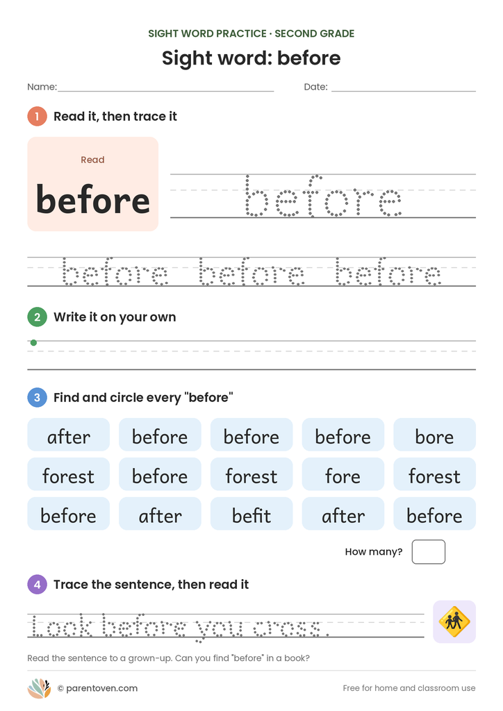 Sight word "before" worksheet: read and trace before, write it, find and circle it, and trace the sentence "Look before you cross."
