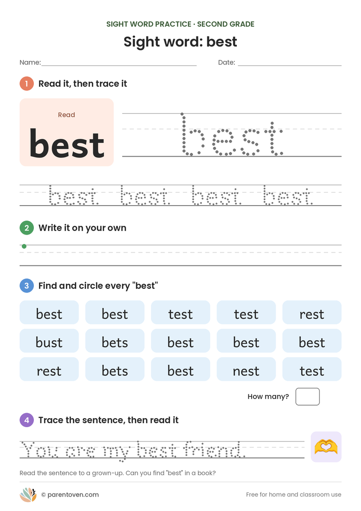 Sight word "best" worksheet: read and trace best, write it, find and circle it, and trace the sentence "You are my best friend."