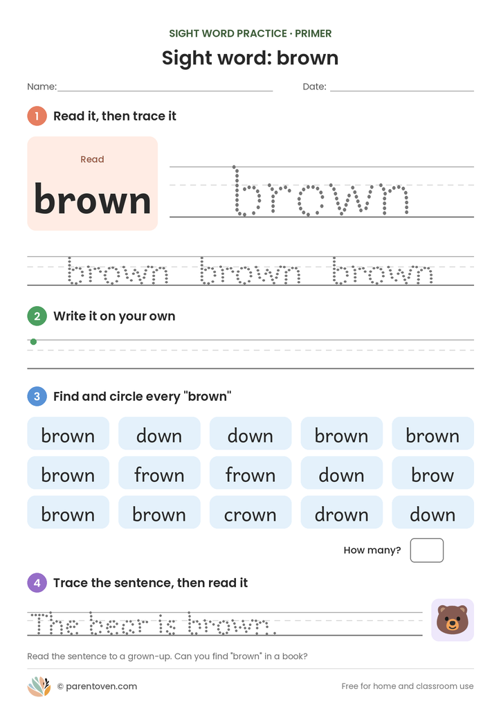 Sight word "brown" worksheet: read and trace brown, write it, find and circle it, and trace the sentence "The bear is brown."